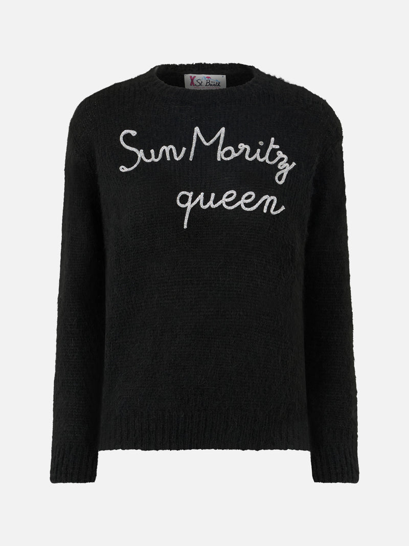 Woman crewneck soft sweater with Sun Moritz Queen embroidery