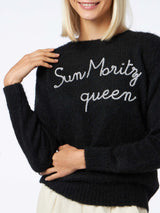 Woman crewneck soft sweater with Sun Moritz Queen embroidery