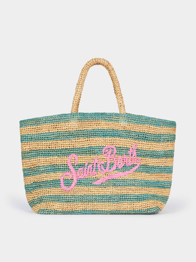 Mc2 Saint Barth Borsa da spiaggia in rafia rigata turchese con pochette in cotone