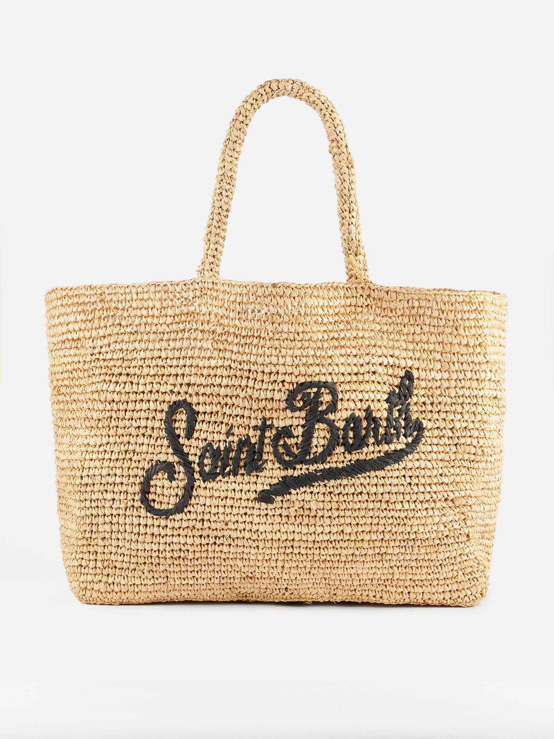 Beige gestreifte Raffia-Strandtasche mit Baumwollbeutel