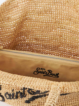 Beige gestreifte Raffia-Strandtasche mit Baumwollbeutel