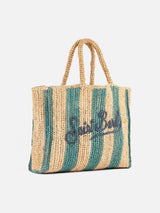 Light blue striped Raffia Beach bag with cotton pouch