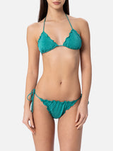 Woman teal lurex classic triangle bikini Sagittarius Miami