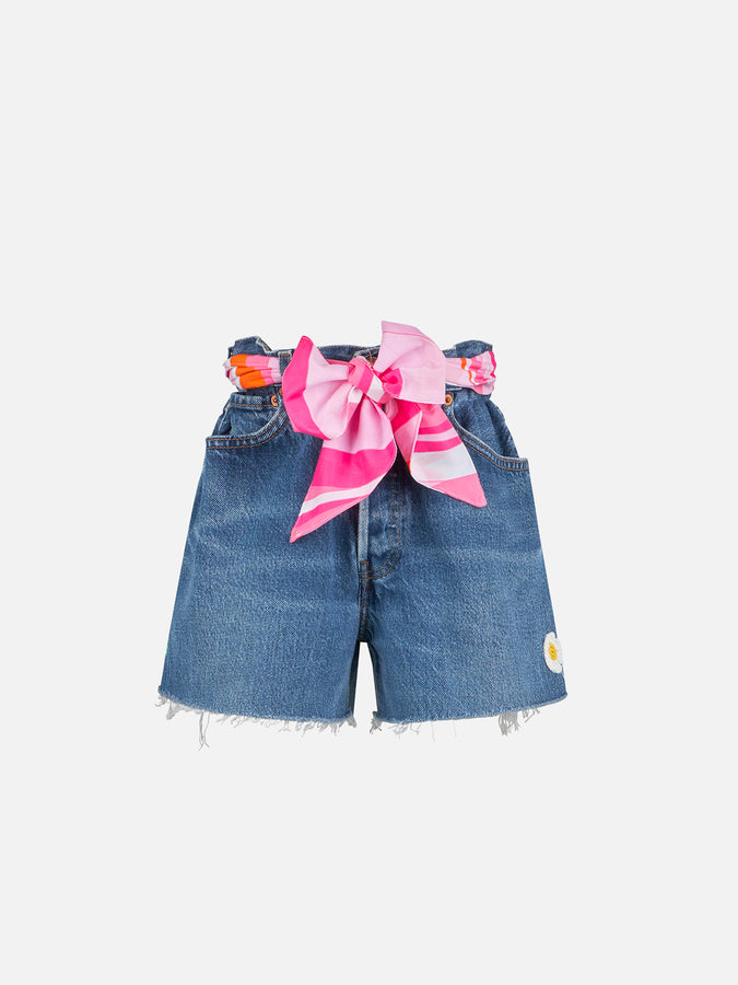 Mc2 Saint Barth Pantaloncini da bambina in denim riciclato con ricami e patch