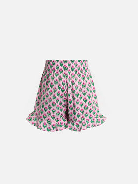 Girl cotton ruffled shorts Ander P with flower print - MC2 Saint Barth