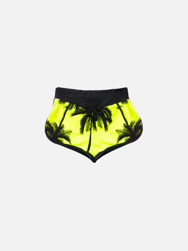 Mädchen-Strandshorts mit Palmen-Fluo-Print