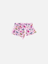 Ninenties patch print girl beach shorts