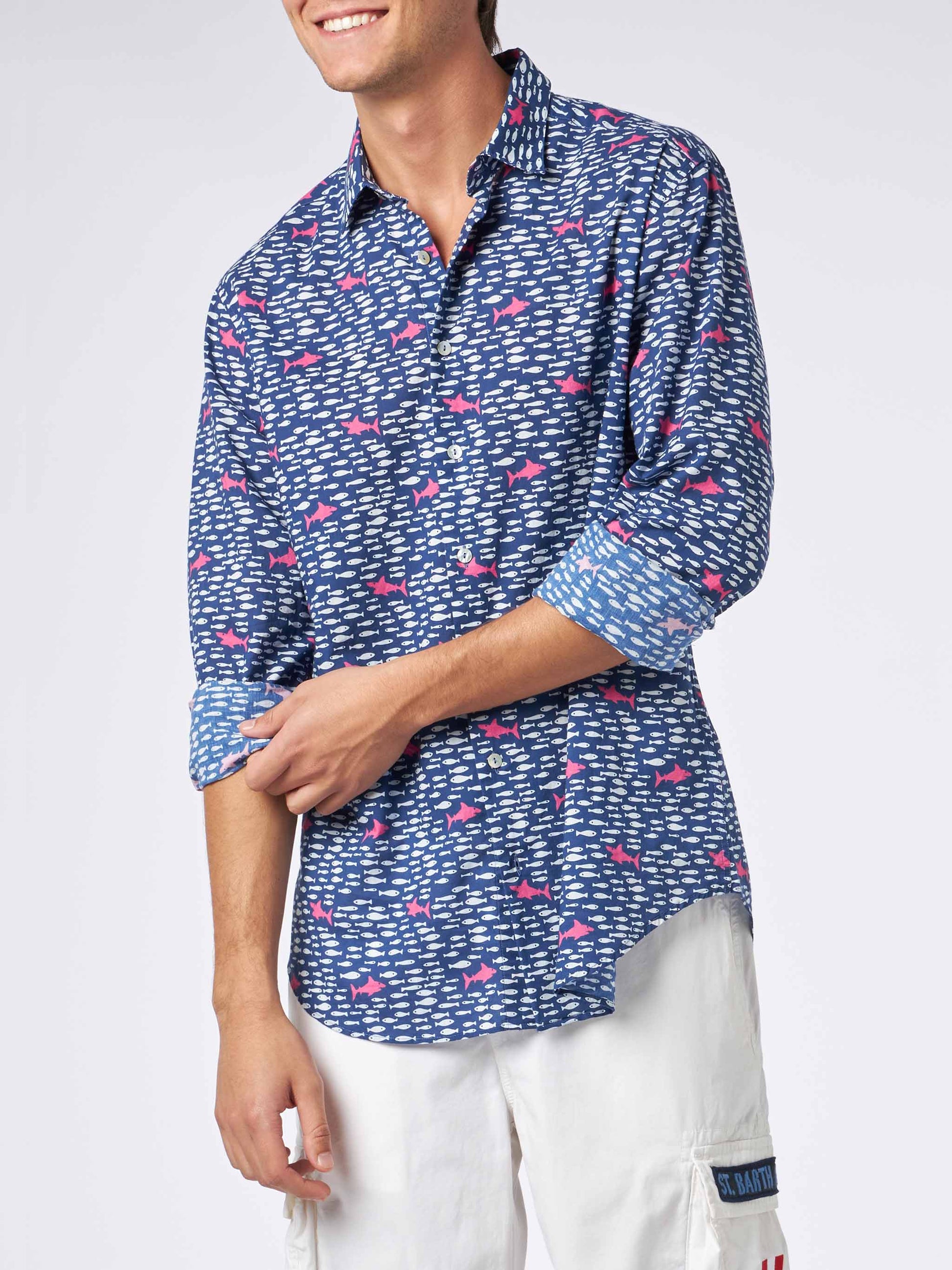 Man muslin cotton Sikelia shirt with fish and shark print - MC2 Saint Barth