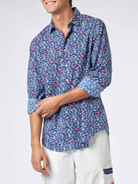 Man muslin cotton Sikelia shirt with fish and shark print - MC2 Saint Barth
