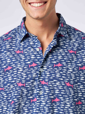 Man muslin cotton Sikelia shirt with fish and shark print - MC2 Saint Barth