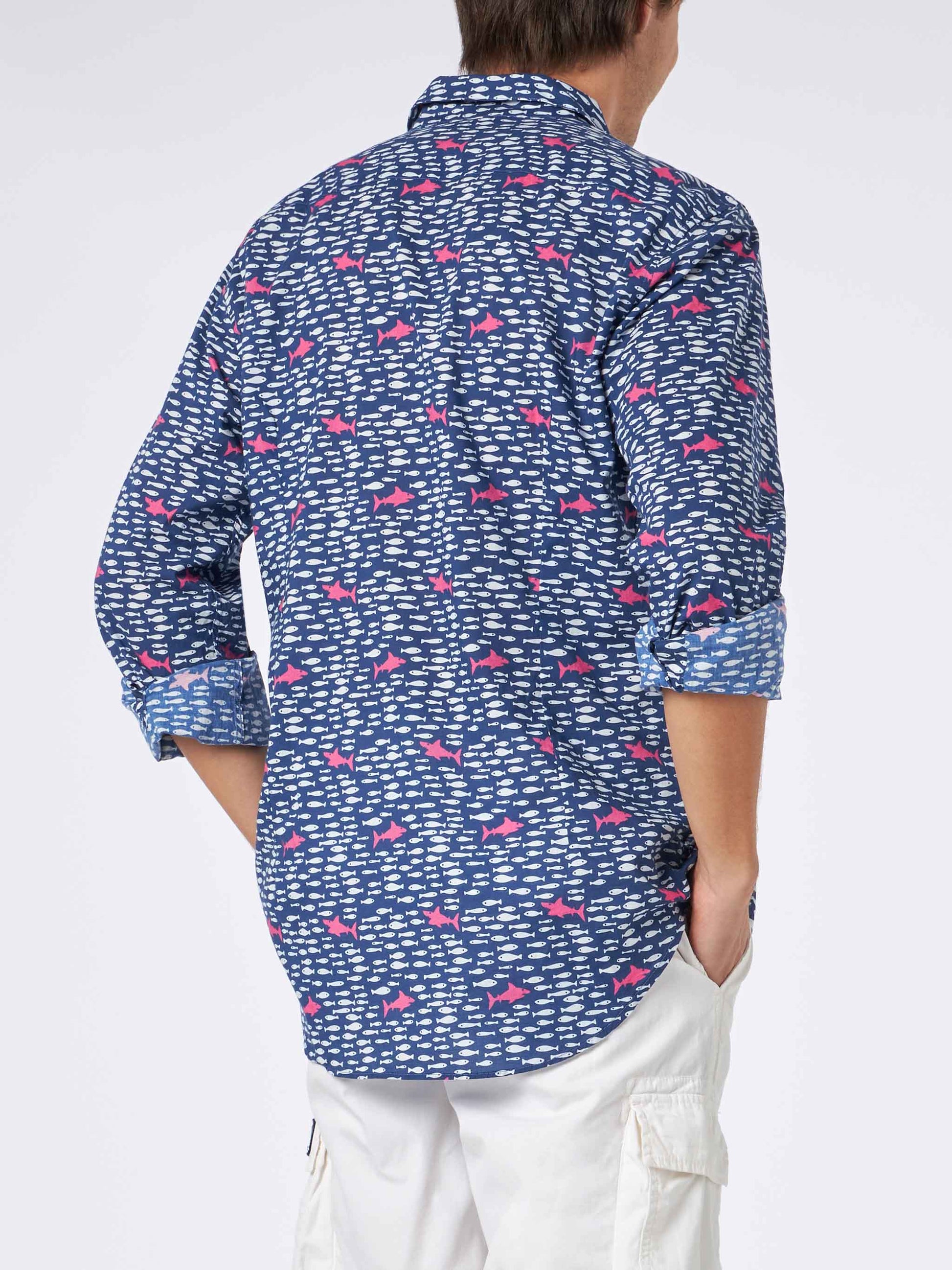 Man muslin cotton Sikelia shirt with fish and shark print - MC2 Saint Barth