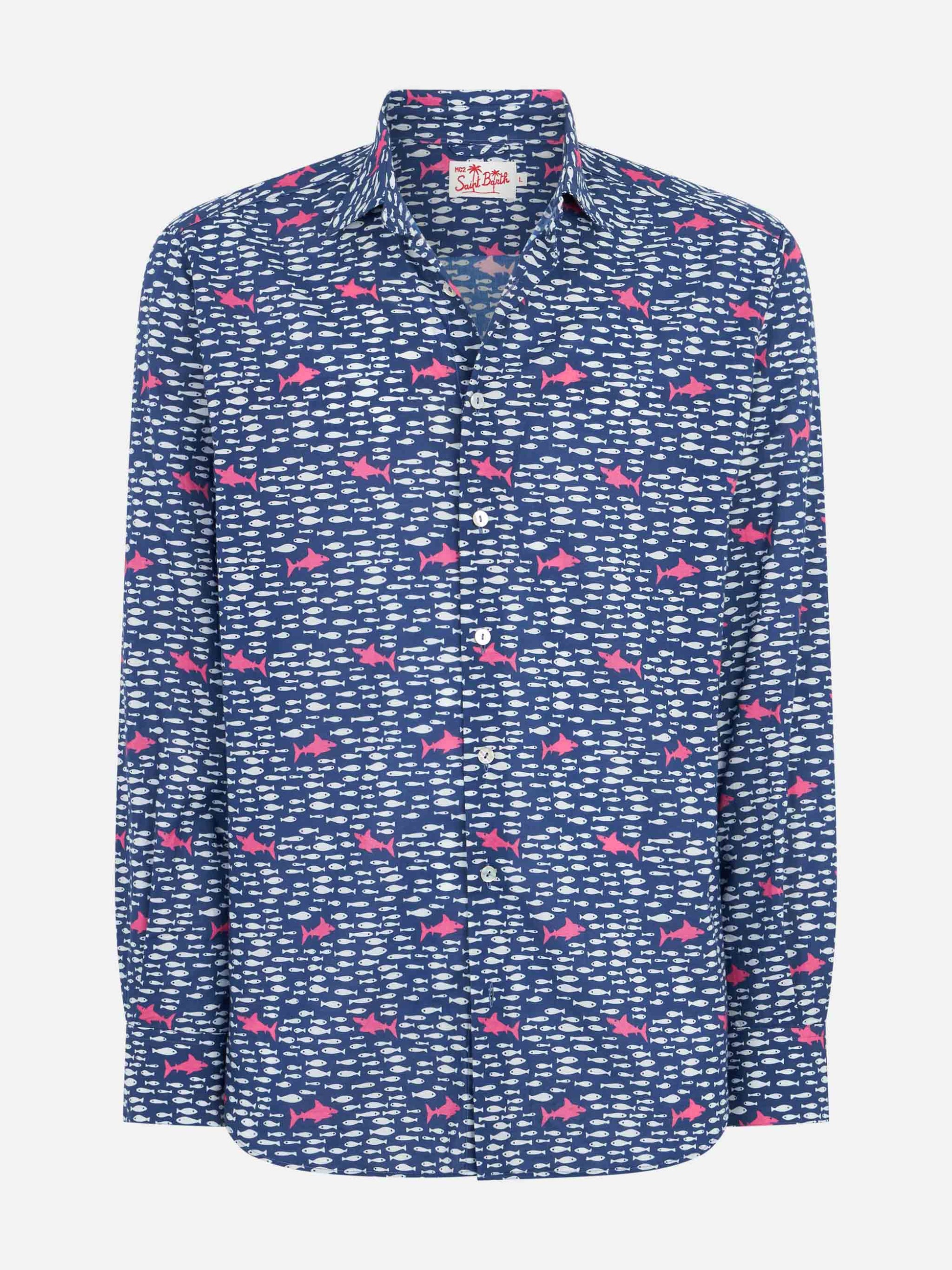 Man muslin cotton Sikelia shirt with fish and shark print - MC2 Saint Barth