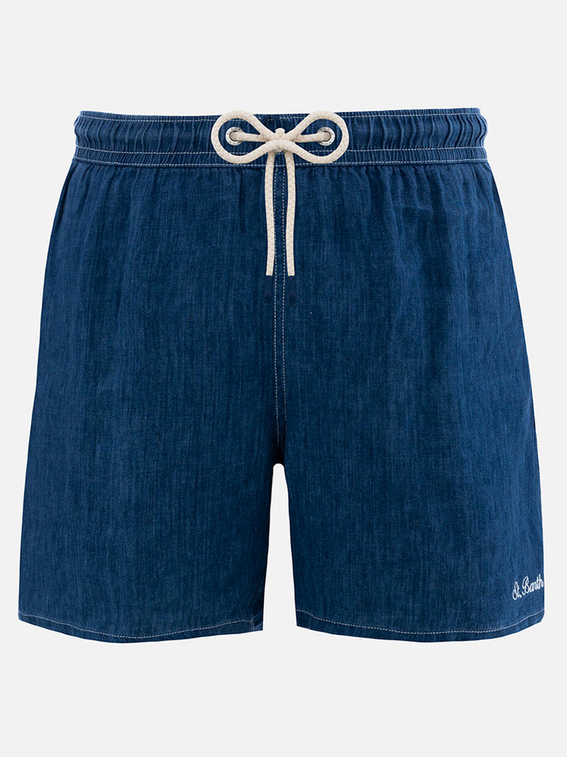 Mittellange Herren-Badeshorts aus Denim in Blau aus Leinen Gustavia