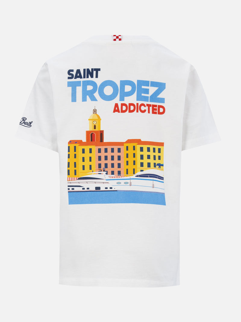 Boy cotton t-shirt with Saint Tropez addicted postcard print