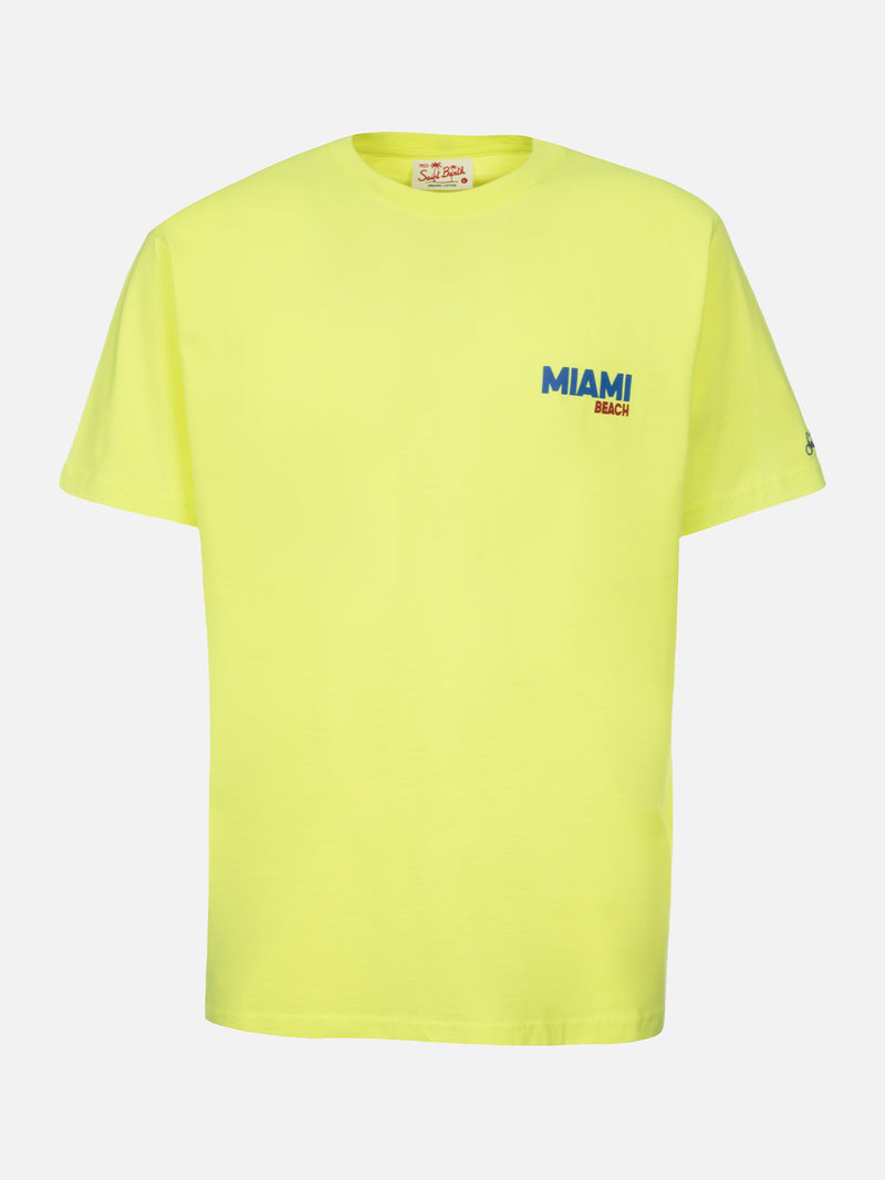 Man cotton t-shirt with Miami Beach postcard placed print