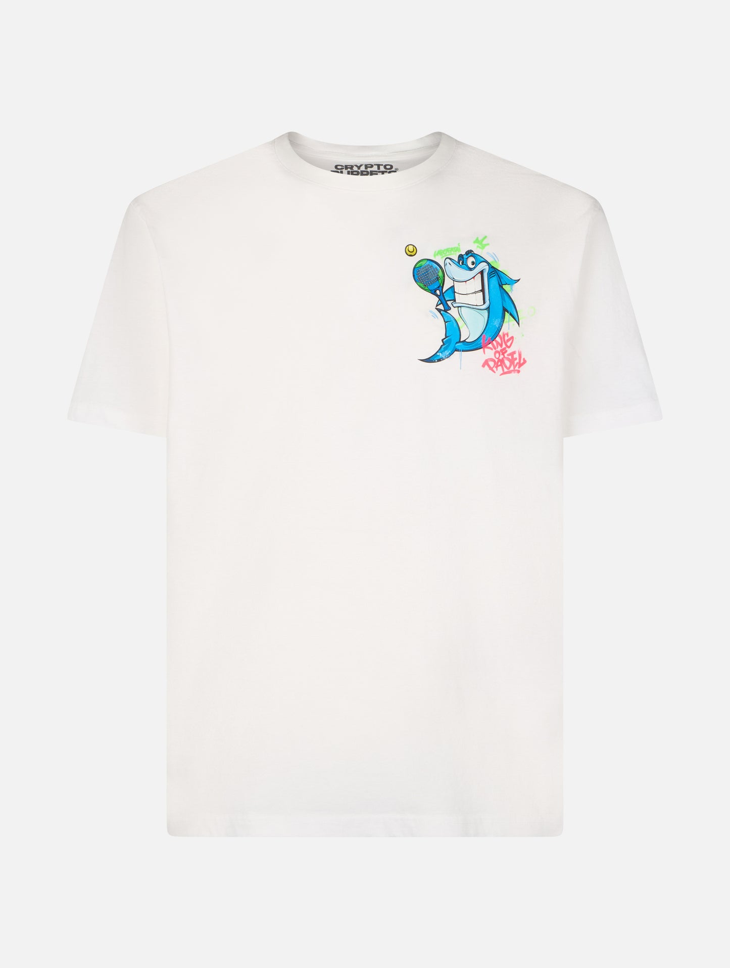 T-shirt da uomo in cotone con stampa piazzata fronte e retro Crypto puppets Shark Padel | EDIZIONE SPECIALE CRYPTO PUPPETS