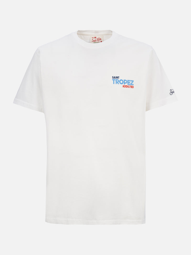 Man cotton t-shirt with Saint Tropez Addicted postcard placed print