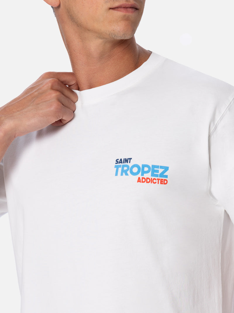 Man cotton t-shirt with Saint Tropez Addicted postcard placed print