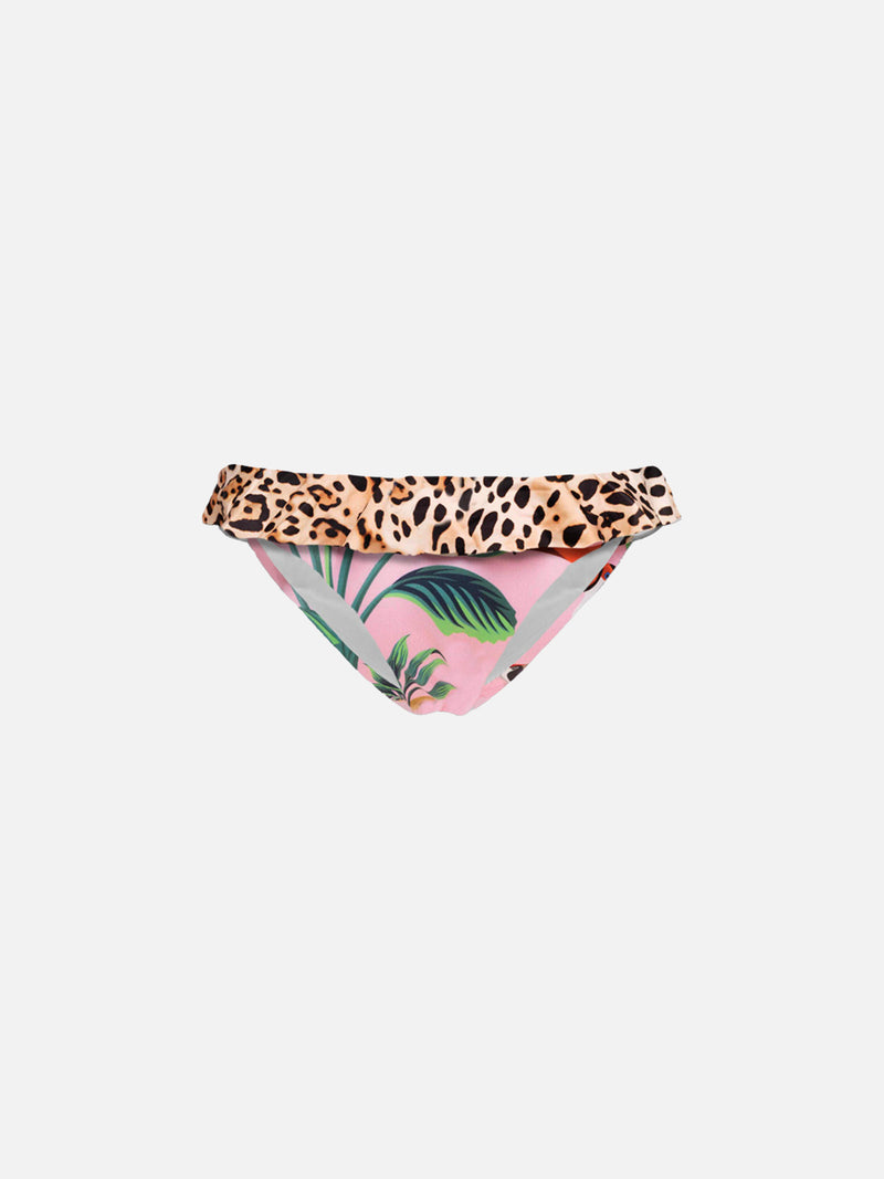 Slip da bagno da bambina con balza leopardata e fantasia tropicale