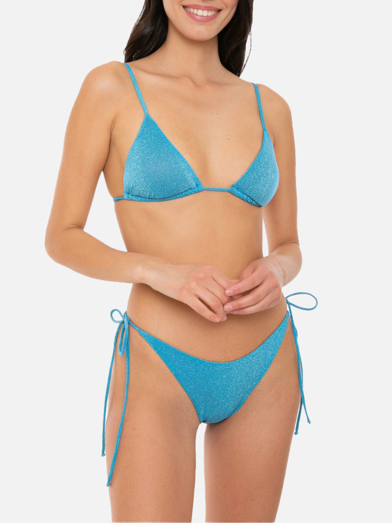 Hellblauer Triangel-Bikini aus Lurex