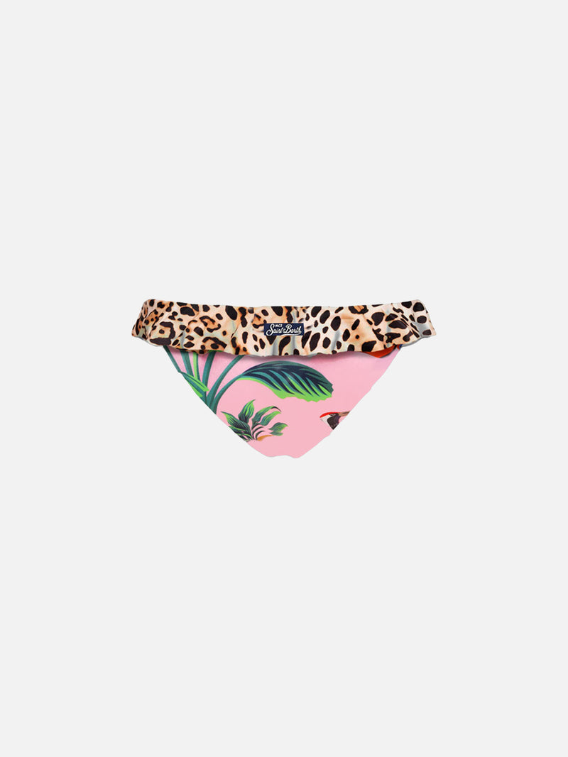 Slip da bagno da bambina con balza leopardata e fantasia tropicale