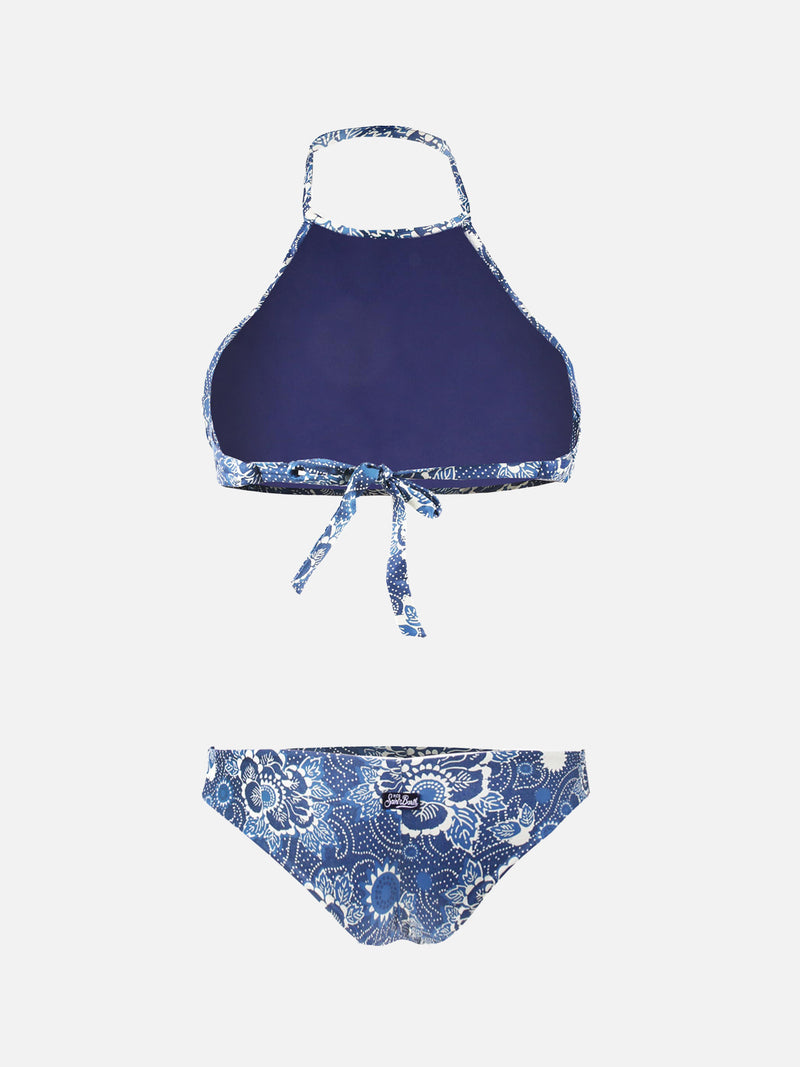 High Neck Bikini Denim Leaves