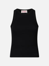 Woman rib-knit black cotton tank top