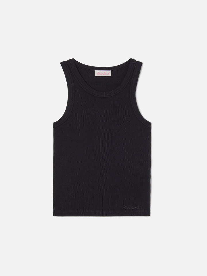 Black ribbed Ada tank top with embroidery