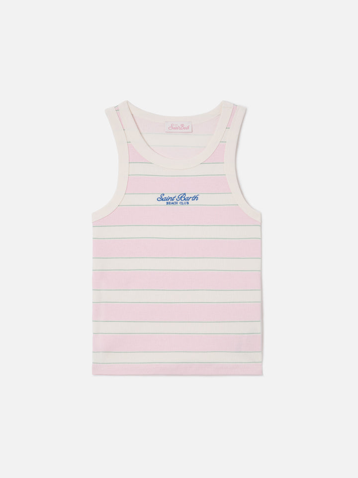Camiseta de tirantes Ada de rayas rosas con bordado beach club 