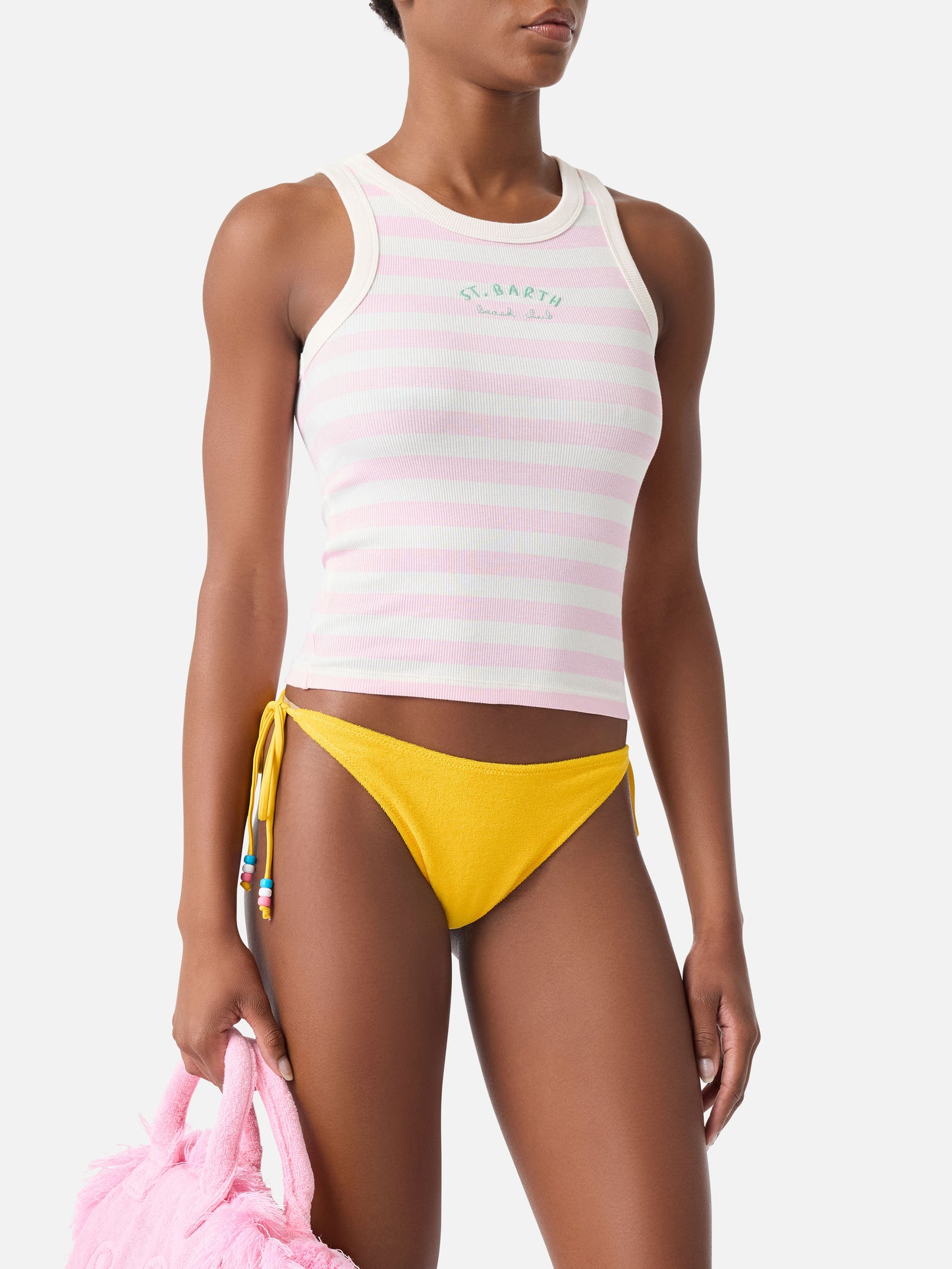Pink striped Ada tank top with beach club embroidery