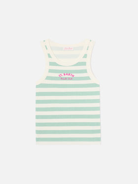 Gestreiftes Ada Tanktop in Salbeigrün mit Beach Club-Stickerei 
