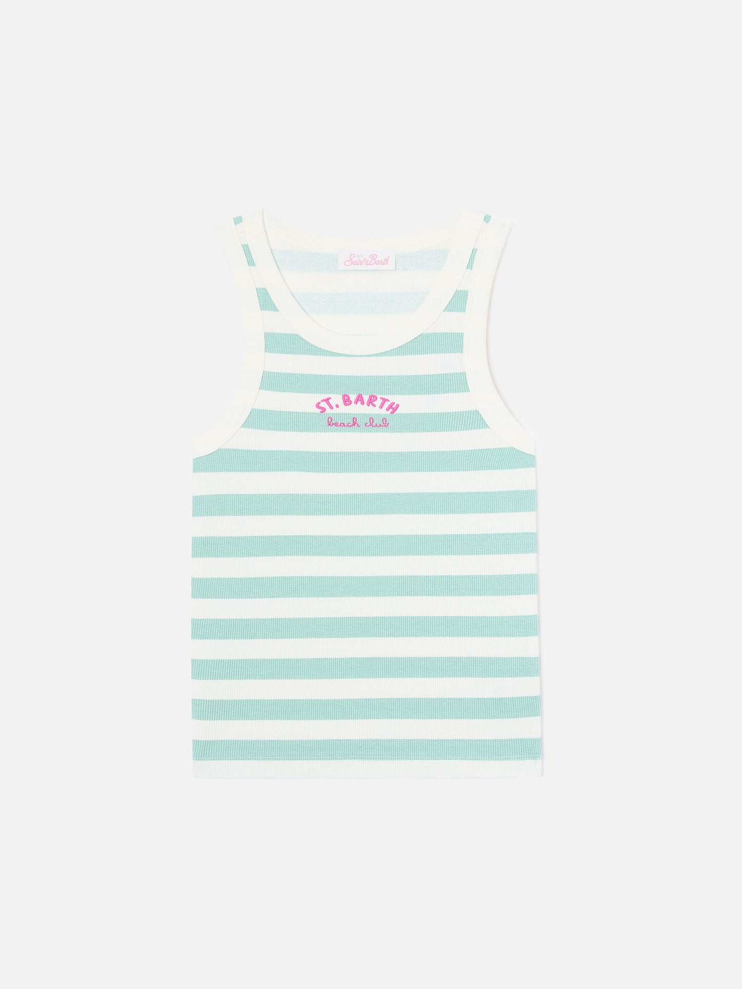 Gestreiftes Ada Tanktop in Salbeigrün mit Beach Club-Stickerei 
