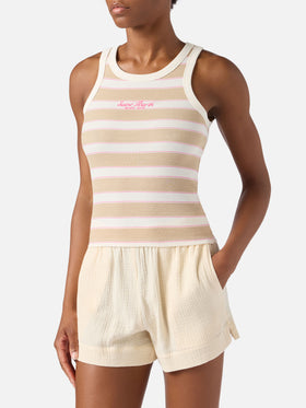 Beige striped Ada tank top with beach club embroidery