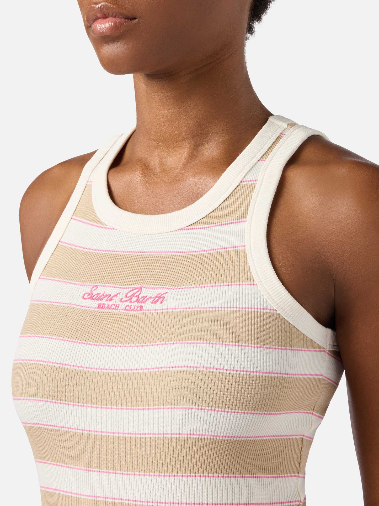 Beige striped Ada tank top with beach club embroidery