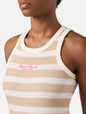 Beige striped Ada tank top with beach club embroidery
