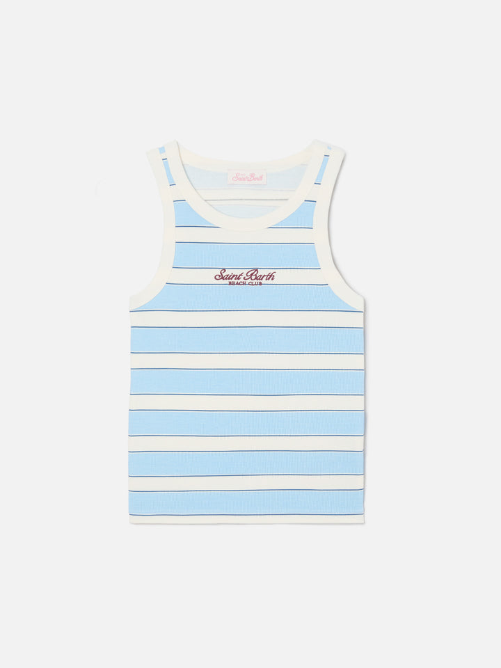 Light blue striped Ada tank top with beach club embroidery