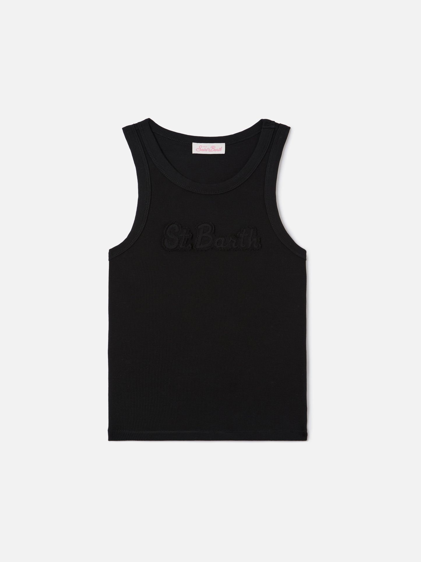 Canottiera Ada a costine nera con patch logo in rilievo