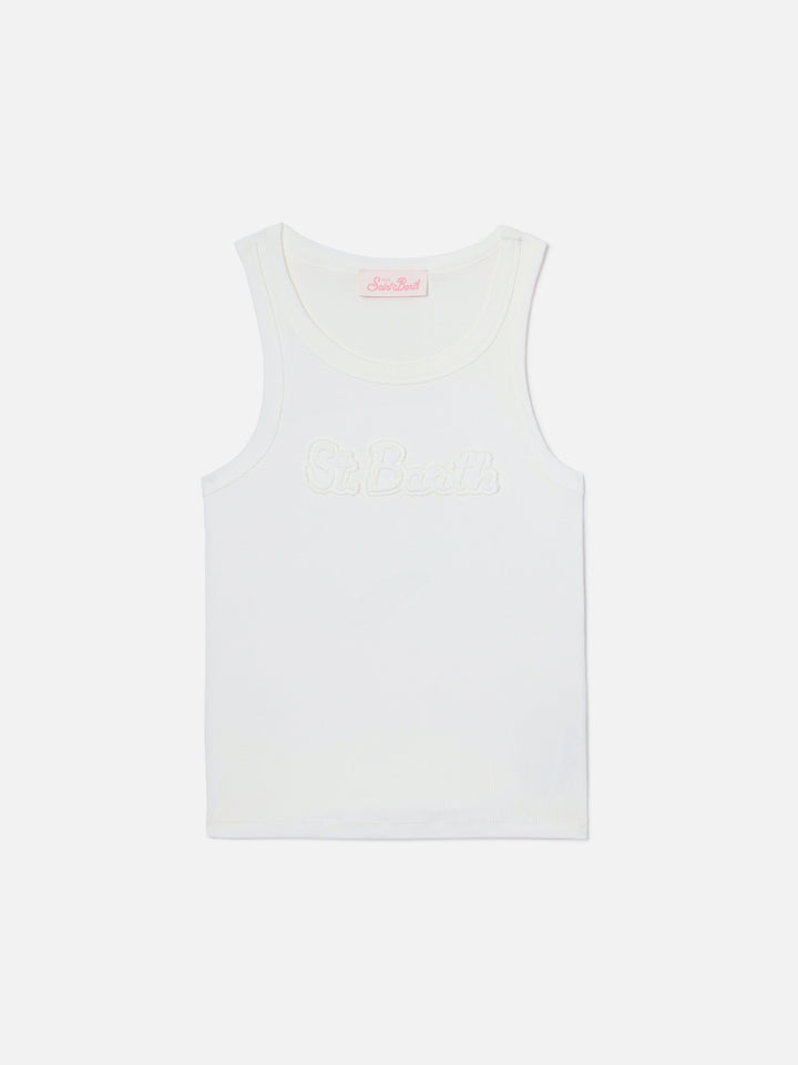 Ribbed white Ada tank top with raised logo patch