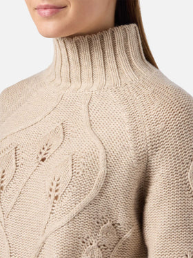 Beigefarbener Alais-Pullover mit Stehkragen aus Kaschmirmischung mit 3D-Blumen