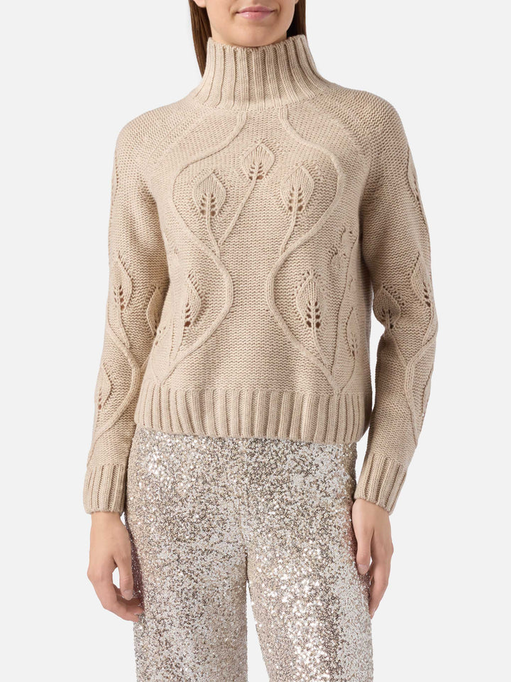 Beige high-neck Alais sweater in cashmere blend with 3D flowers