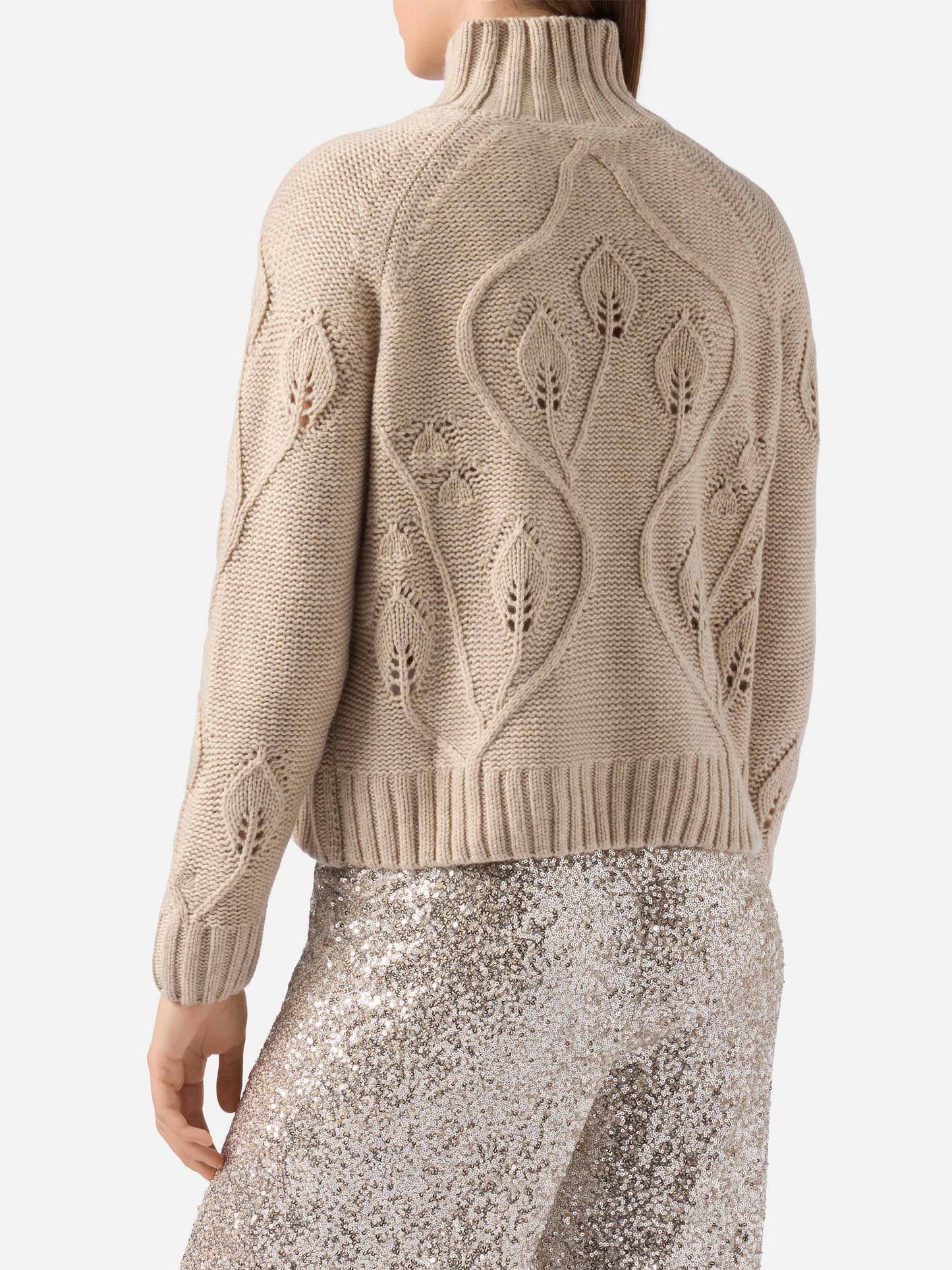 Beigefarbener Alais-Pullover mit Stehkragen aus Kaschmirmischung mit 3D-Blumen