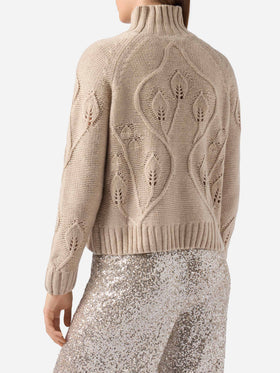 Beigefarbener Alais-Pullover mit Stehkragen aus Kaschmirmischung mit 3D-Blumen