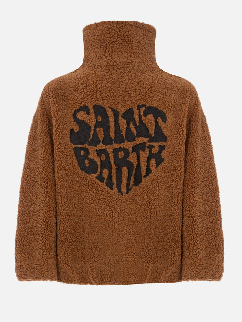 Woman shearly effect bomber Abel with collar and Saint Barth hearted print