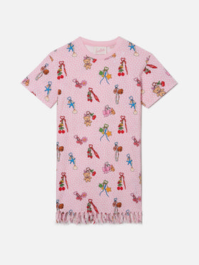 Abito Abbey in cotone organico con stampa cuori e charms all-over