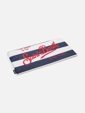 Telo mare Aidan a righe blu e bianche con logo