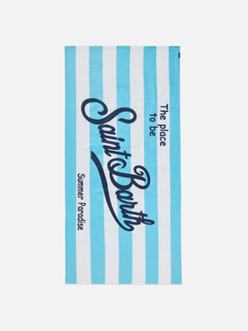 Aidan beach towel with light blue and white stripes and logo