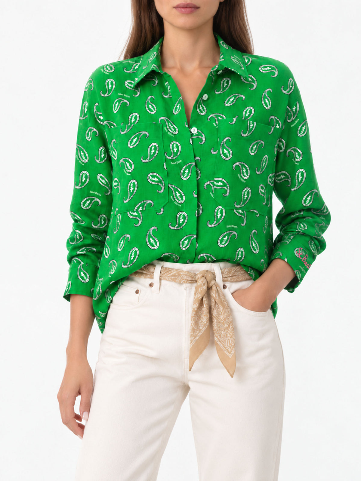Camisa de lino con estampado paisley verde 