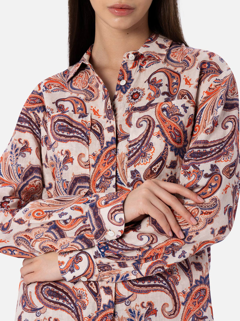 Woman linen shirt Alodie with paisley print and pockets