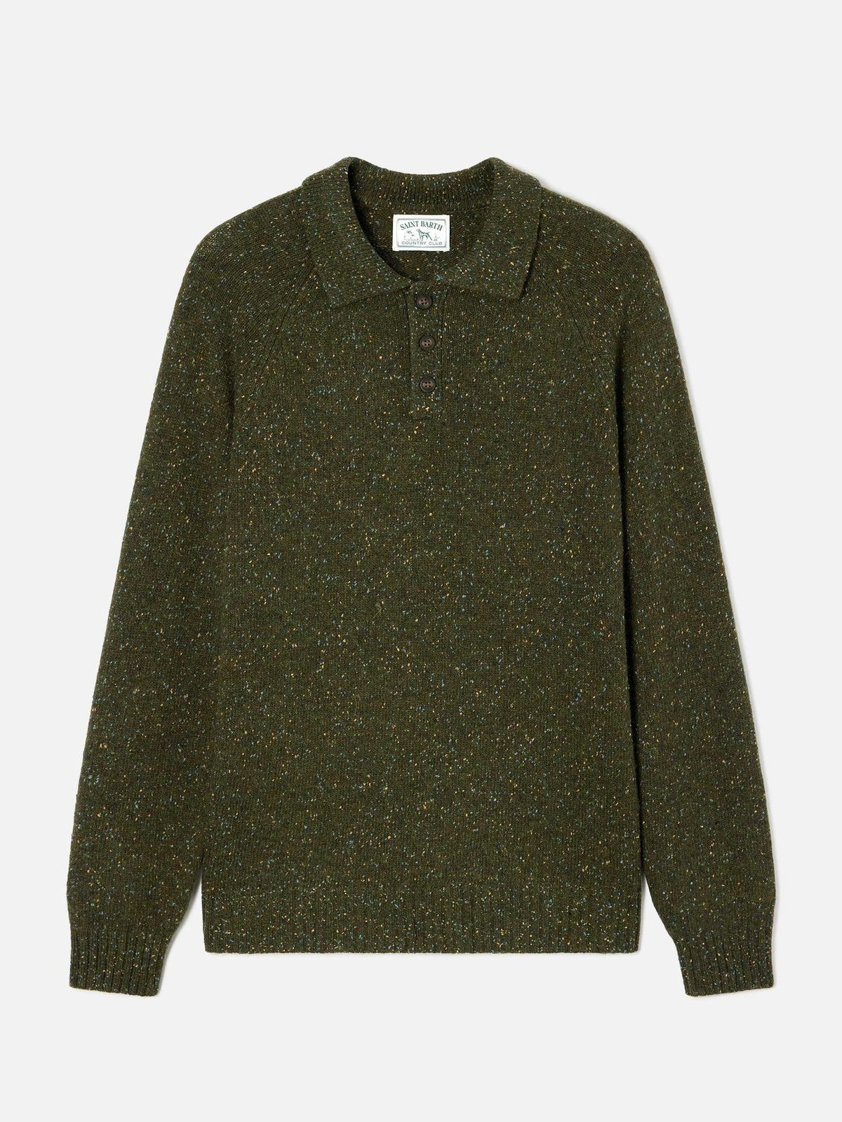Polo in maglia Alfie verde militare in misto lana Donegal