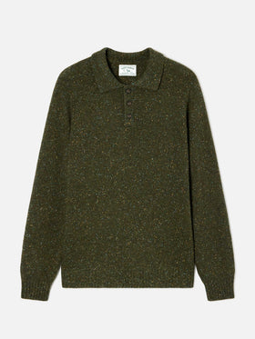 Polo in maglia Alfie verde militare in misto lana Donegal